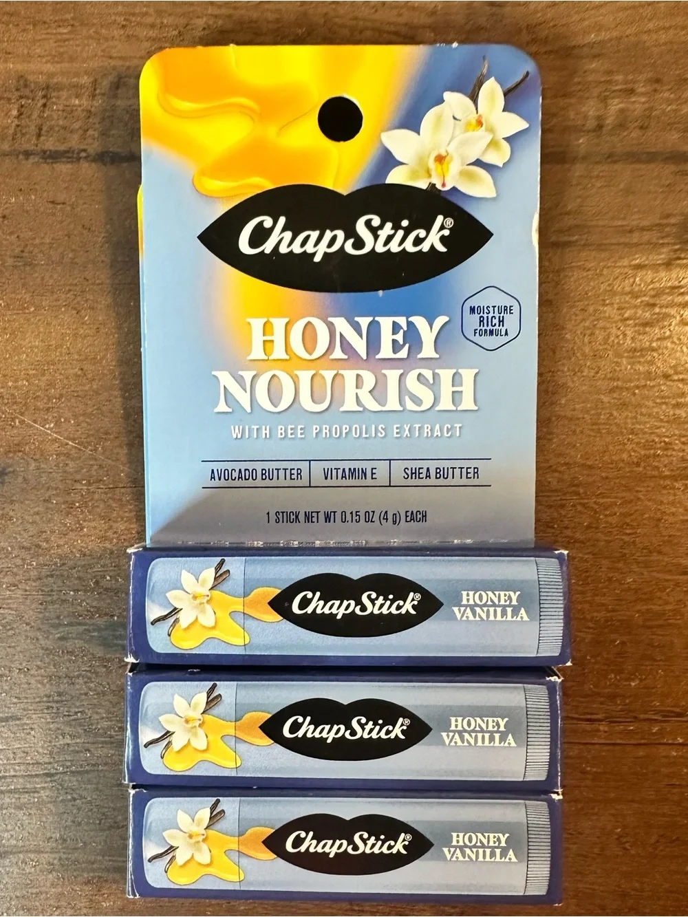 Chapstick Honey Nourish Honey Vanilla Lip Balm Avocado Butter 3 Single Packs NEW